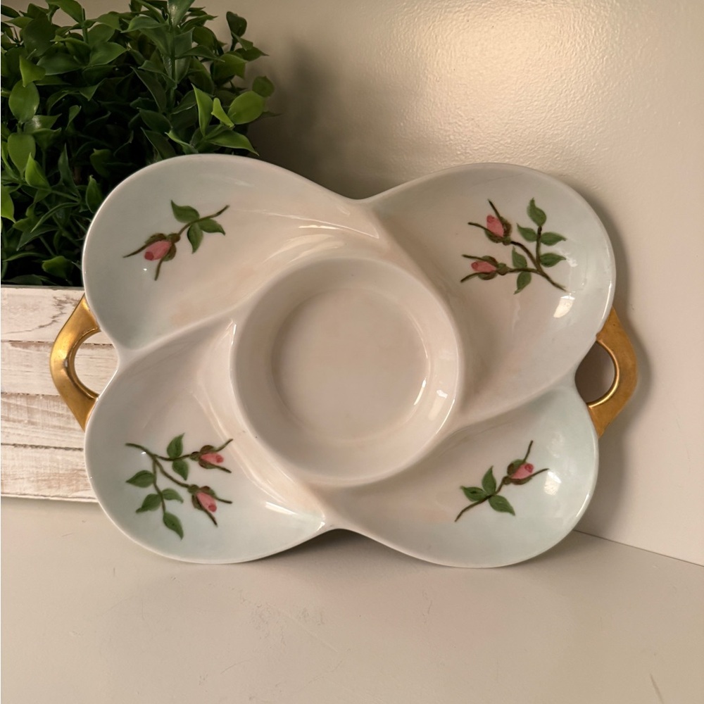 Hand-Painted Floral Divided Relish Dish w/ Center Dip Signed K. Merritt Vintage